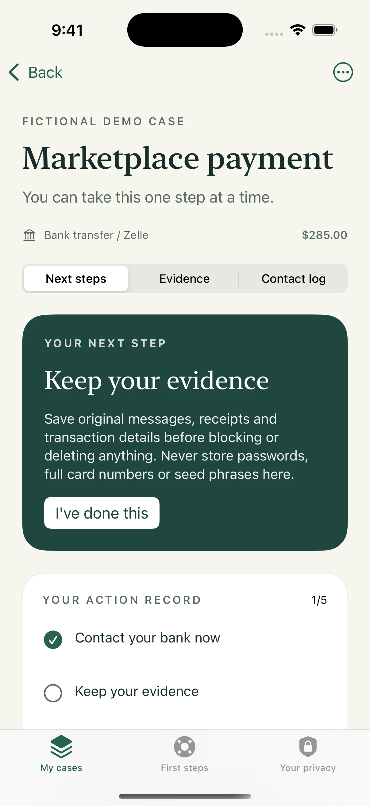 ScamFolio next-step screen with a clear action and progress record