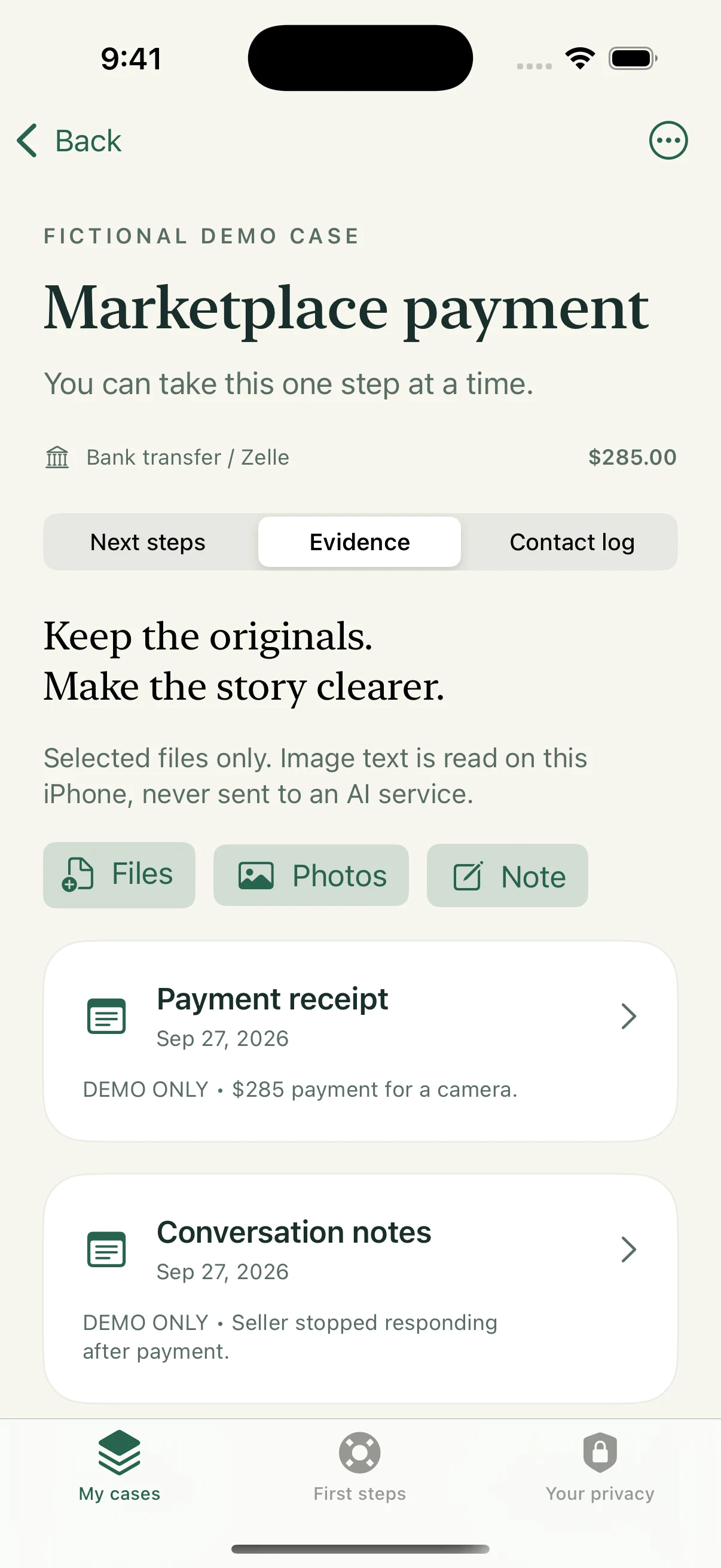 ScamFolio evidence screen with files, photos, notes and original evidence entries