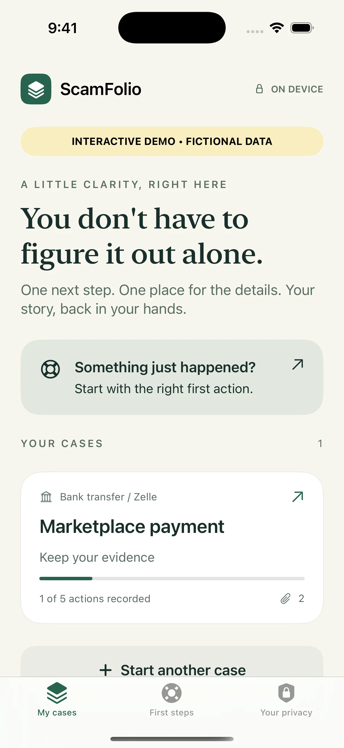 Actual ScamFolio iPhone simulator screenshot showing a fictional marketplace payment case and next action